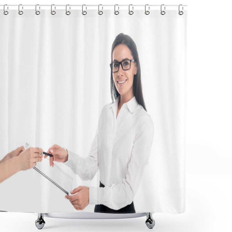 Personality  Charming Businesswoman In Glasses Signing Contract Isolated On White Shower Curtains