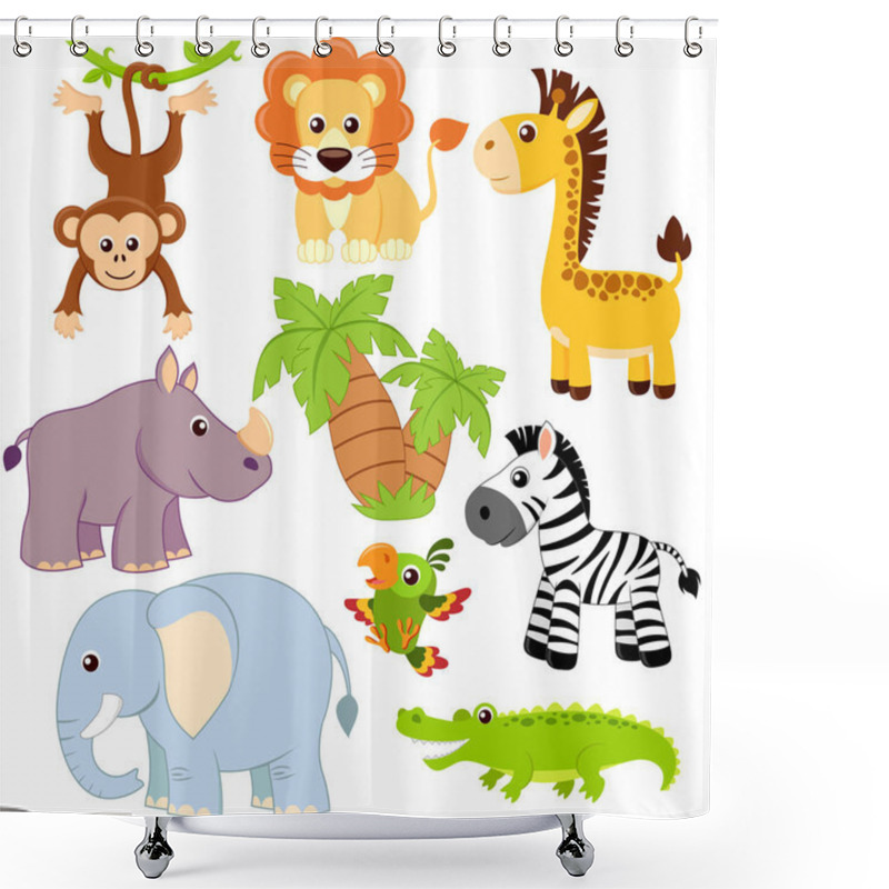 Personality  Jungle Animals. Lion, Elephant, Giraffe, Monkey, Parrot, Crocodile, Zebra And Rhinoceros Shower Curtains