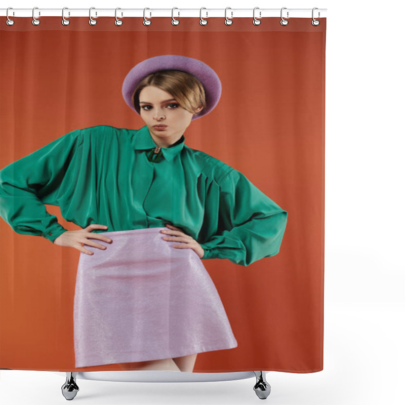 Personality  A Young Woman In A Green Blouse And Lavender Skirt Poses Against A Bright Orange Backdrop. Shower Curtains