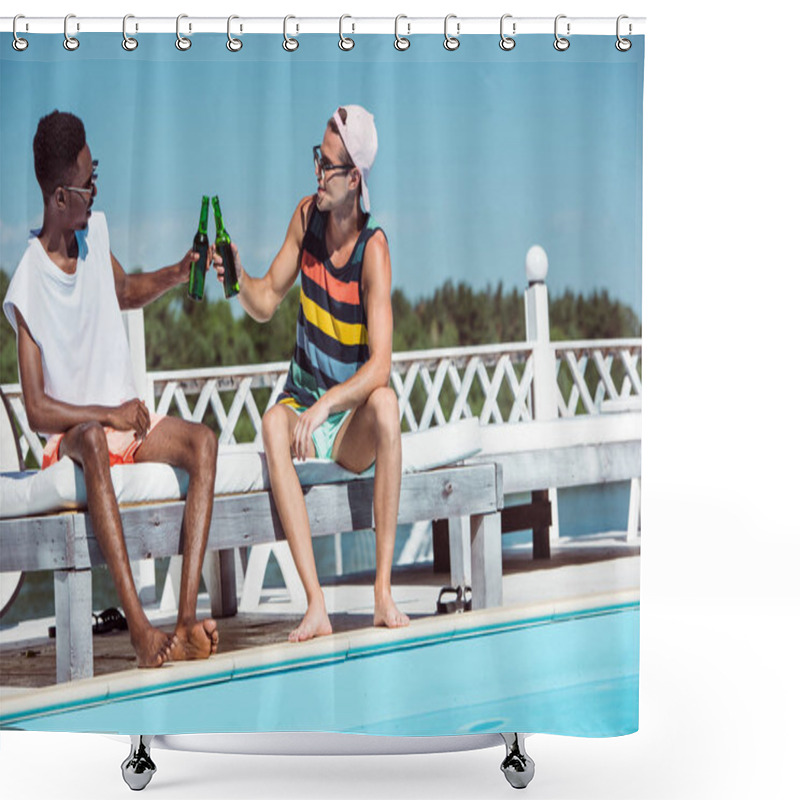 Personality  Multiethnic Men With Beer Near Pool  Shower Curtains