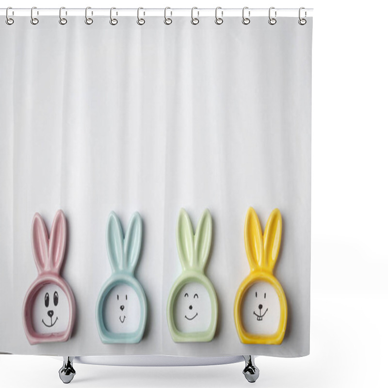 Personality  Beautiful Easter Composition With Holders For Napkins In Shape Of Bunnies On White Background Shower Curtains