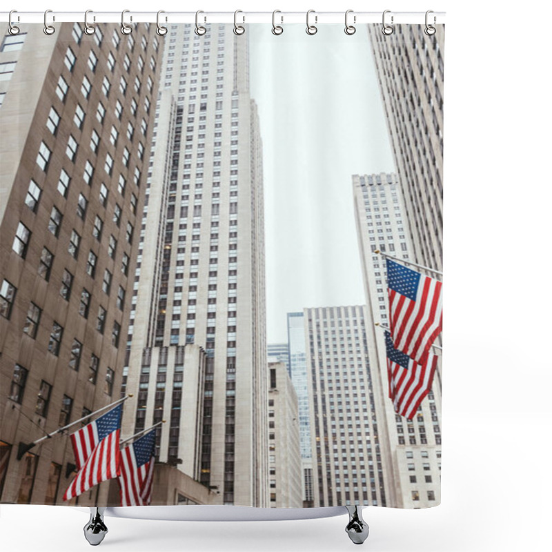 Personality  Low Angle View Of Skyscrapers And American Flags On New York City Street, Usa Shower Curtains