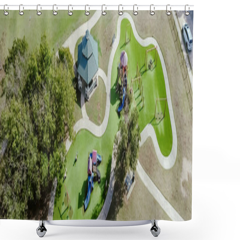 Personality  Panorama View Residential Neighborhood Parked Car On Street Near Playground Artificial Turf, Pavilion And Climbing, Sliding Structure At Community Recreational Facility, Playing Structure, Dallas. TX Shower Curtains