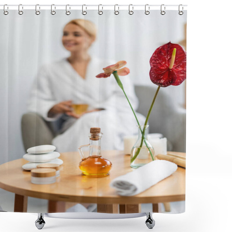 Personality  Massage Tools Near Plants In Vase Near Blurred Client Shower Curtains