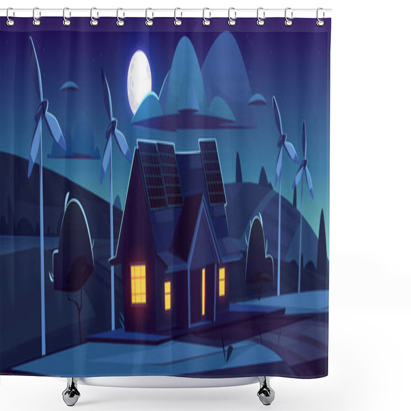 Personality  House With Solar Panels And Wind Turbines At Night Shower Curtains