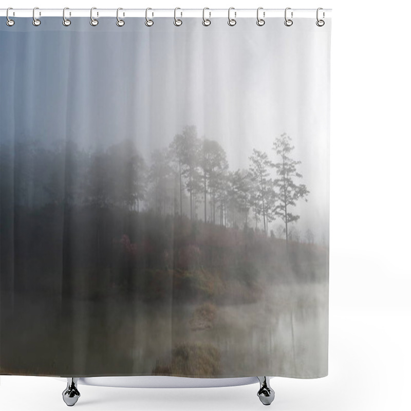 Personality  Shrubs And Pine Forest Reflection On The Lake With Dense Fog, Magic Light And Blue Sky At Sunrise Shower Curtains