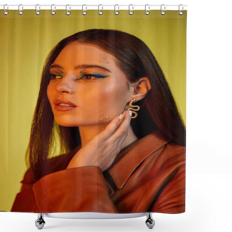 Personality  Young Woman Poses Elegantly With Stunning Makeup And Outfit Against A Vibrant Backdrop. Shower Curtains