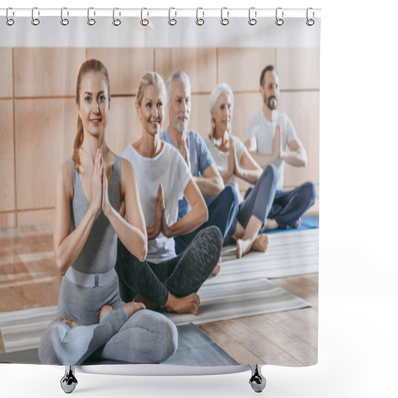 Personality  Senior People With Instructor Sitting In Lotus Position On Yoga Mats  Shower Curtains