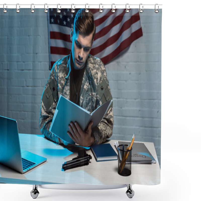 Personality  Handsome Military Man Holding Folder While Sitting In Modern Office  Shower Curtains