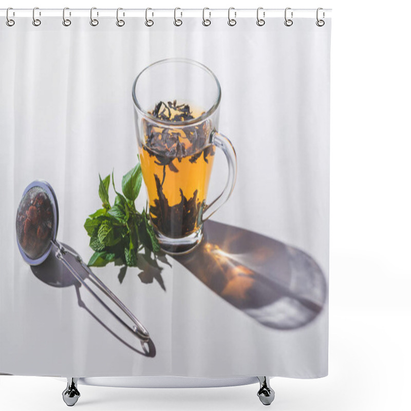 Personality  Cup Of Black Tea, Mint And Tea Strainer On White Tabletop  Shower Curtains