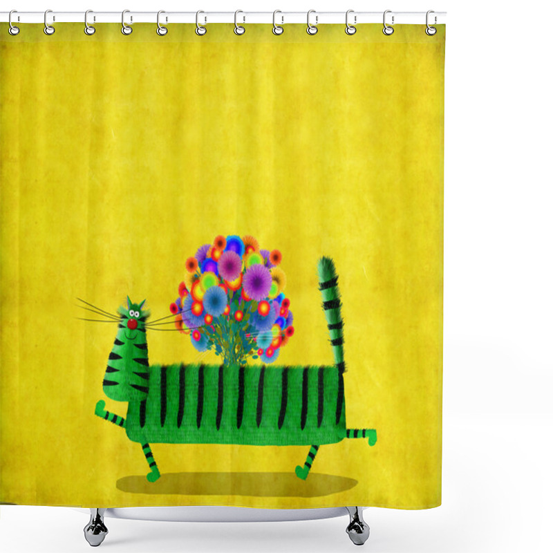 Personality  Long Green Cat Caring Bunch Of Flowers On Its Back Shower Curtains