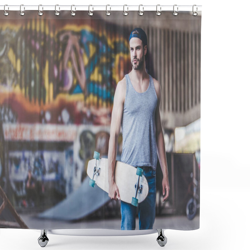 Personality  Young Man Skateboarder. Male Teenager With Longboard In Skatepark. Shower Curtains