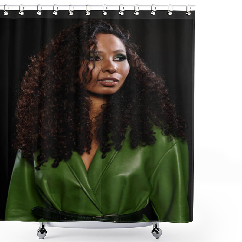 Personality  A Beautiful Woman With Curly Hair Radiates Confidence While Wearing A Vibrant Green Outfit. Shower Curtains