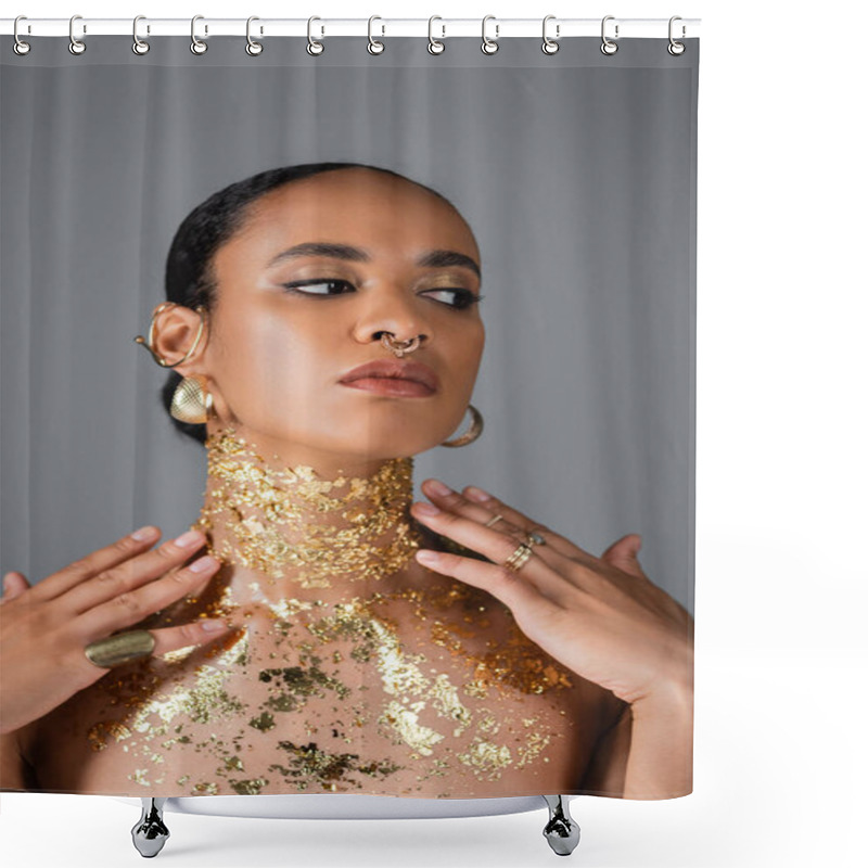 Personality  Elegant African American Model With Golden Foil On Chest Touching Neck Isolated On Grey  Shower Curtains