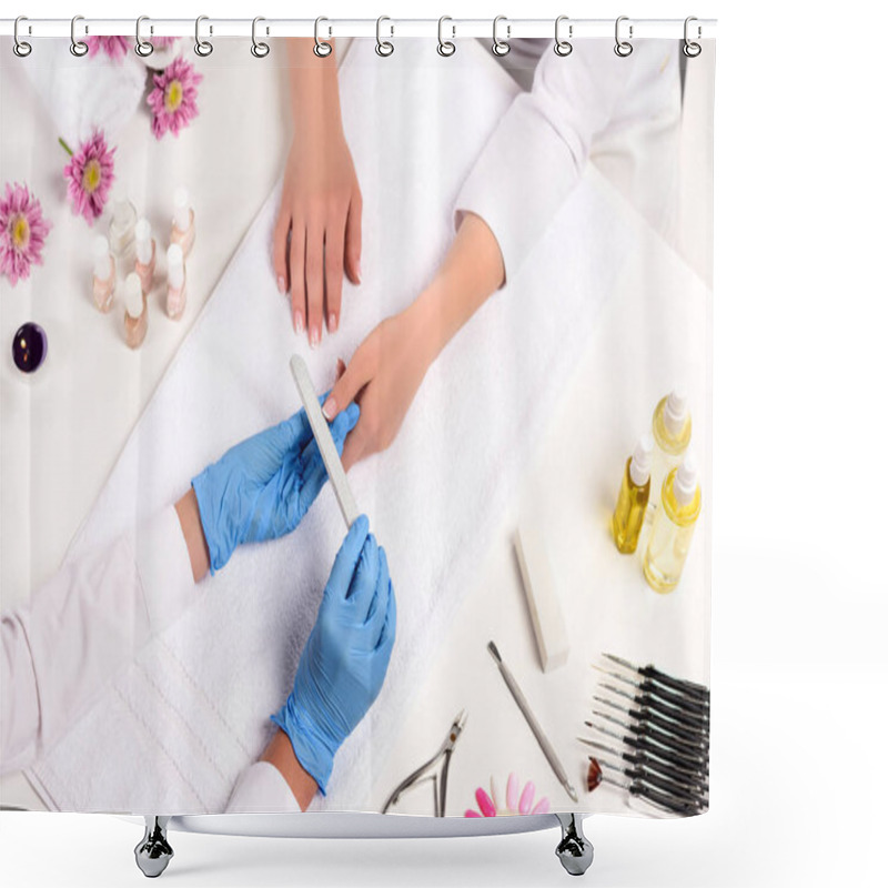 Personality  Elevated View Of Beautician In Latex Gloves Doing Manicure To Woman By Nail File At Table With Flowers, Towels, Nail Clippers, Candles, Nail Polishes, Aroma Oil Bottles And Cuticle Pusher   Shower Curtains