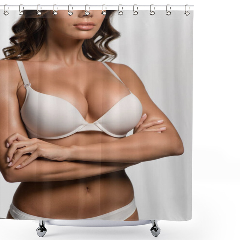 Personality  Partial View Of Sexy Girl With Big Breasts Standing With Crossed Arms Isolated On White Shower Curtains