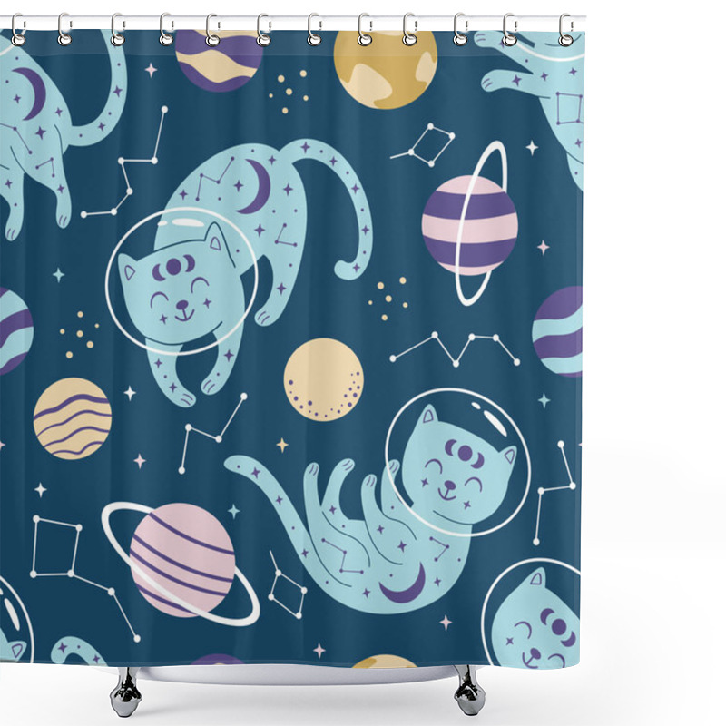 Personality  Seamless Pattern With Blue Cats In Space  Shower Curtains