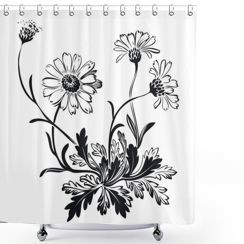 Personality  Hand Drawn Bouquet Of Chamomile Flowers Isolated On Black Background, Black And White Colors. Vector Illustration Shower Curtains