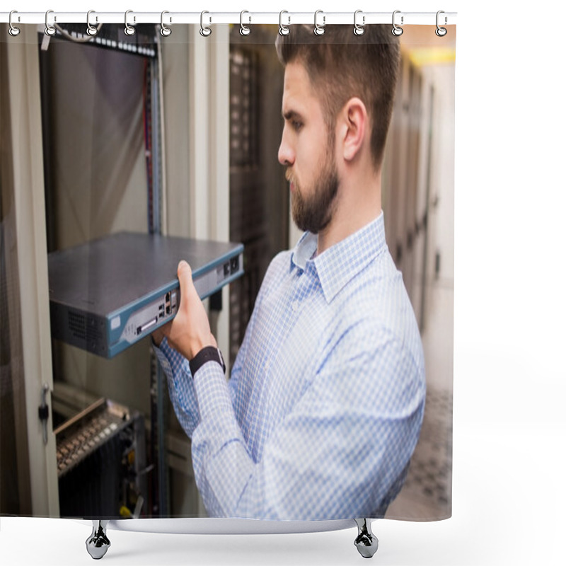 Personality  Technician Removing Server From Rack Shower Curtains