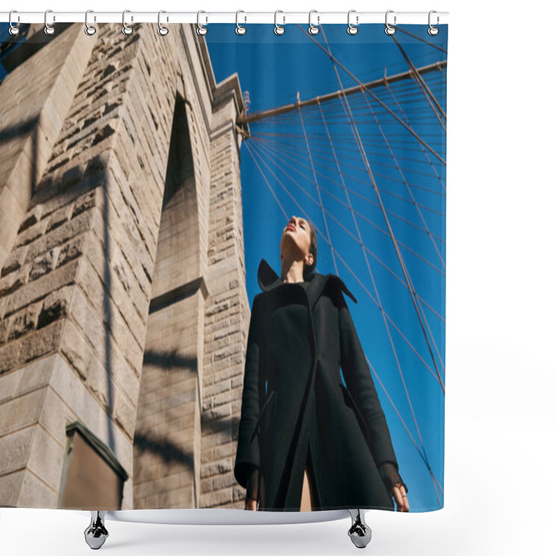 Personality  A Young Woman Dances Beneath The Brooklyn Bridge On A Sunny Day. Shower Curtains