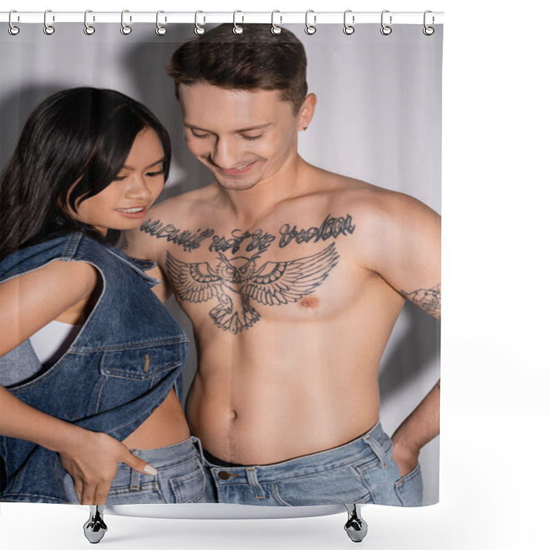 Personality  Positive Tattooed Man And Asian Woman In Denim Clothes Posing On Grey Background Shower Curtains