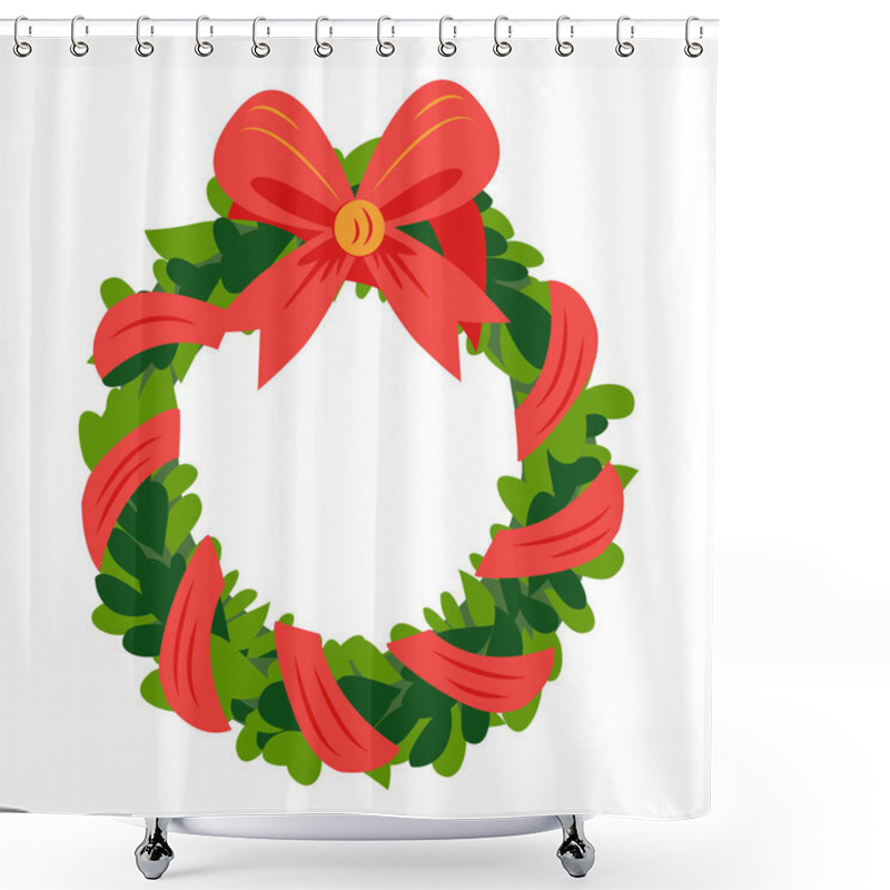 Personality  Christmas Wreath With Ribbons, Balls And Bow. Christmas Wreath Of Holly With Red Berries. New Year Holiday Celebration In December Shower Curtains