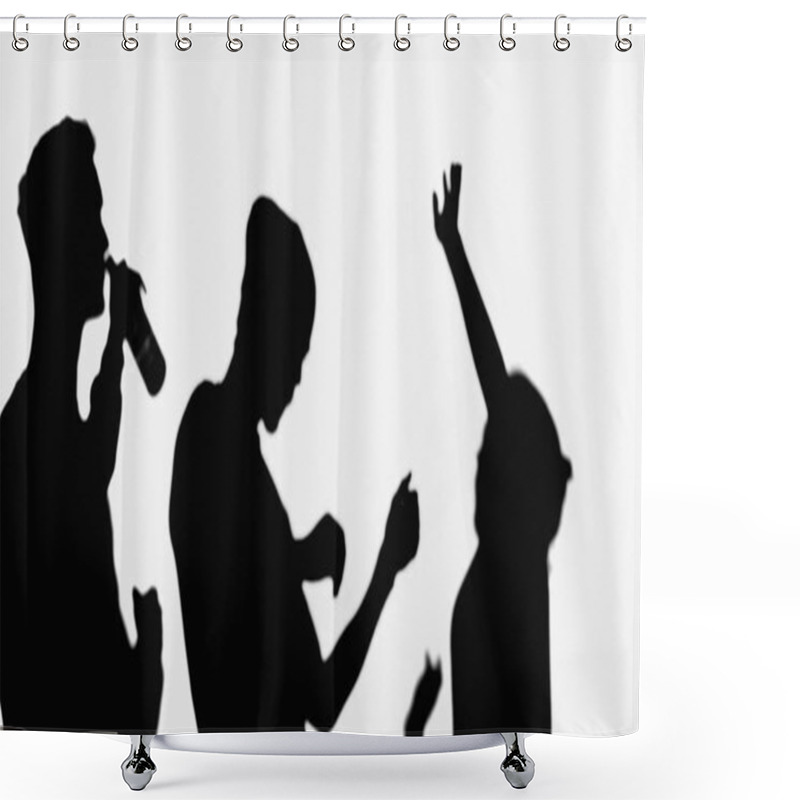 Personality  Black Shadows Of Friends Dancing Near Man Drinking Beer Isolated On White Shower Curtains