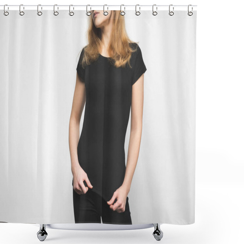 Personality  Cropped Shot Of Young Woman In Blank Black T-shirt On White Shower Curtains