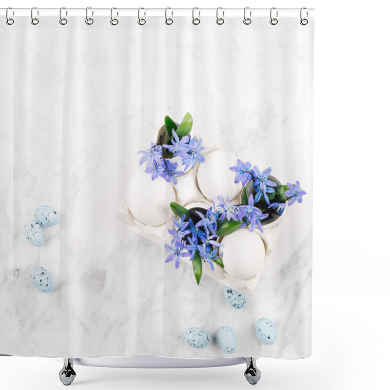 Personality  Easter Bunny, Flowers And Eggshell In Paper Tray On Marble Background. Spring Composition With Blue Flowers And Eggs. Flat Lay, Top View. Copy Space Shower Curtains