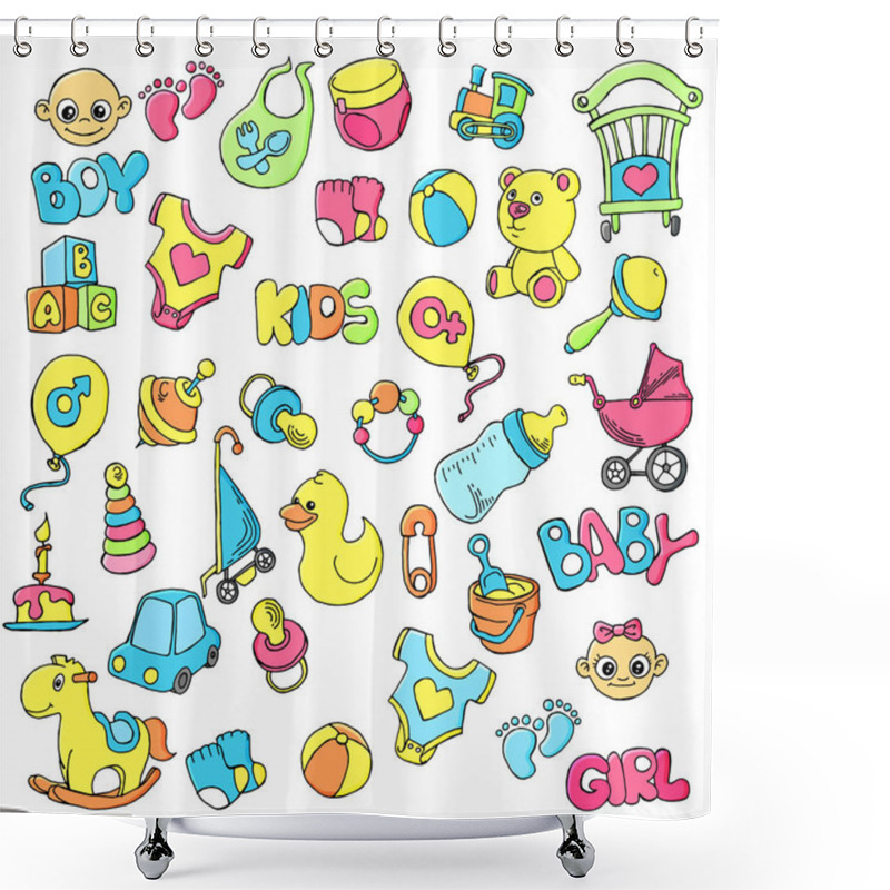 Personality  Vector Hand Drawn Set Of Newborn Baby Care Cartoon Doodle Objects And Items. Shower Curtains