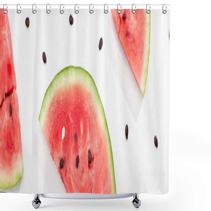 Personality  Panoramic Shot Of Delicious Watermelon Slices On White Background Shower Curtains