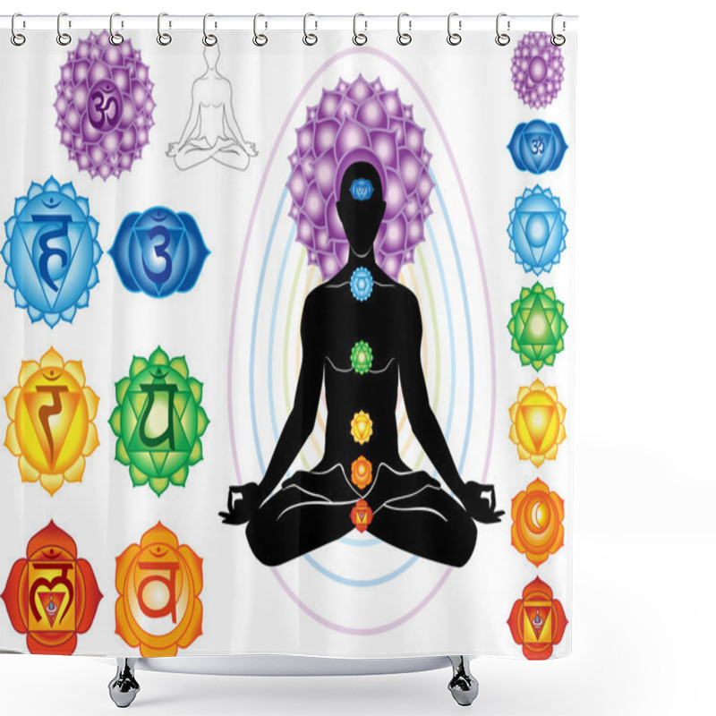 Personality  Silhouette Of Man With Symbols Of Chakra Shower Curtains