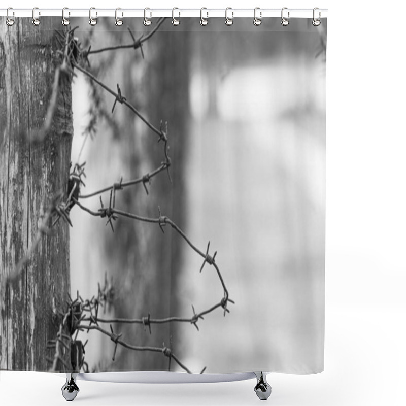 Personality  Close-up Of A Rusty Barbed Wire Fence Surrounding A Concentration And Extermination Camp, Focus In The Background, Black And White Shower Curtains