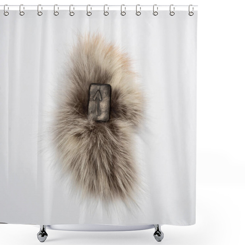 Personality  Norse Rune Teihwaz (Tihwaz,Tyr), Isolated On Fur And White Background. Law, Order, Protection, Nobility, Courage. The Rune Is Associated With The Scandinavian God Tur. Shower Curtains