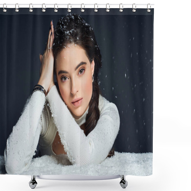 Personality  A Beautiful Woman Relaxes With Snow Gently Falling Around Her, Creating A Serene Winter Ambiance. Shower Curtains