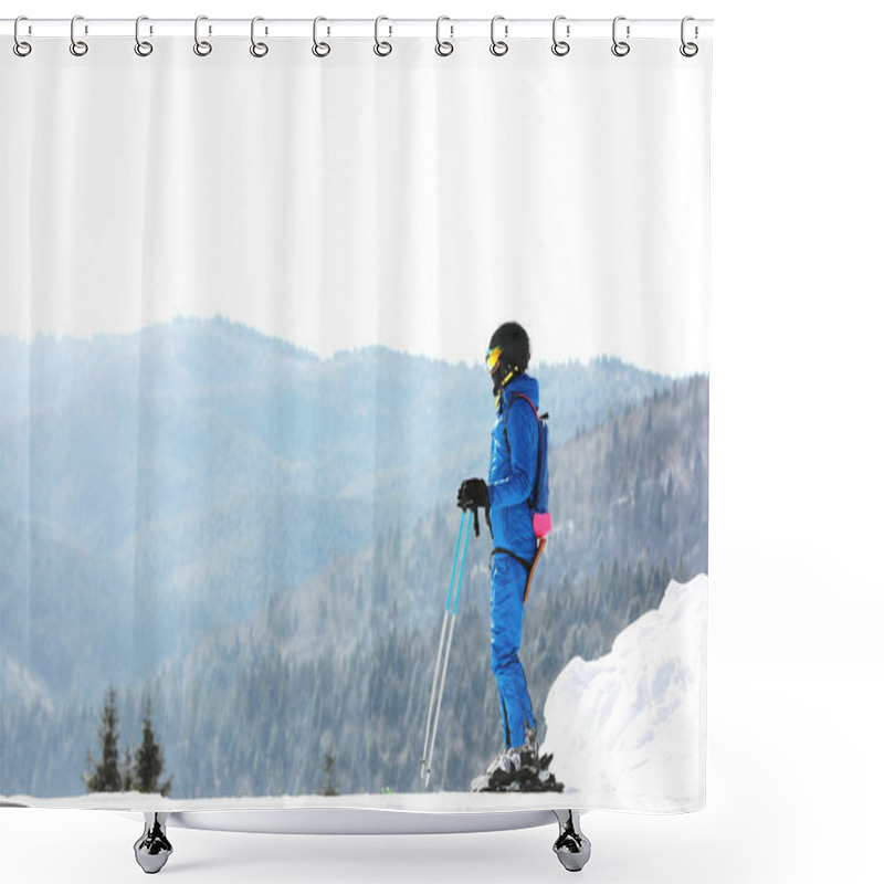 Personality  Man Skiing On Snowy Hill In Mountains, Space For Text. Winter Vacation Shower Curtains