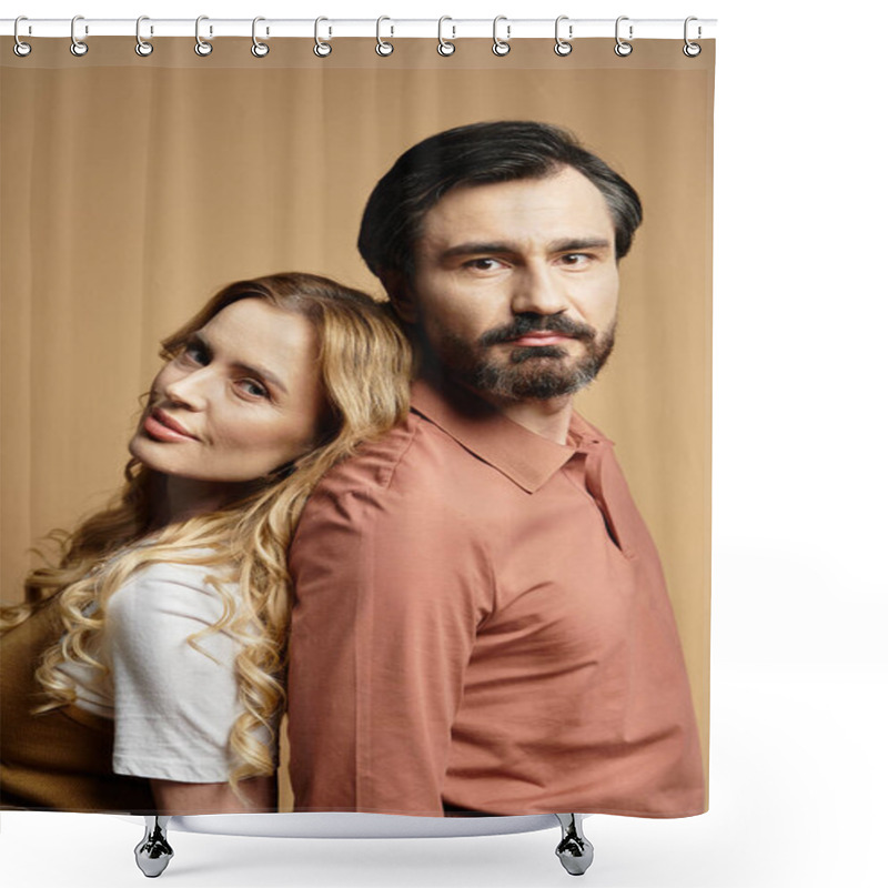 Personality  Two Middle Aged People Share A Warm, Intimate Moment Against A Soft Backdrop. Shower Curtains