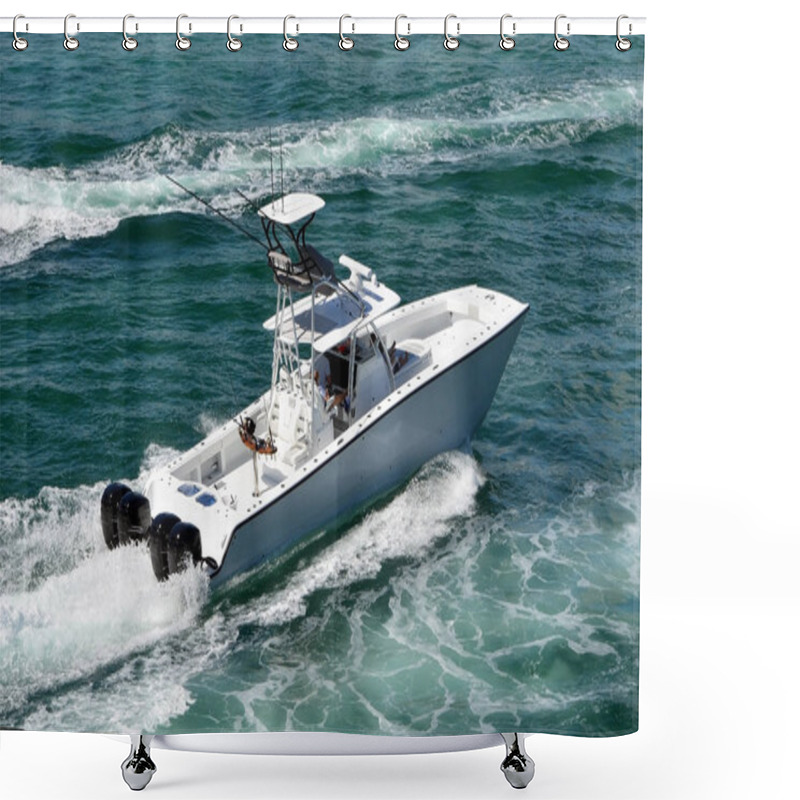 Personality  Twin Hulled Sport Fishing Boat Powered By Four Outboard Engines. Shower Curtains