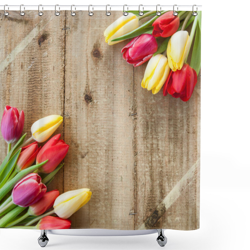 Personality  Fresh Tulips On Wooden Background Shower Curtains