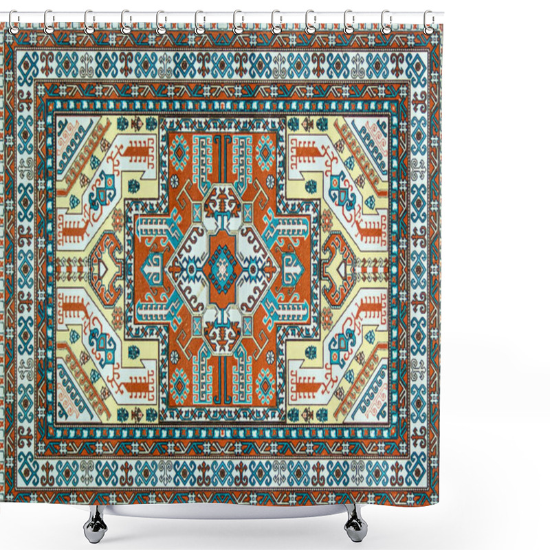 Personality  Colorful Oriental Pixel Mosaic Rug With Traditional Folk Geometric Ornament. Carpet Border Frame Pattern. Shower Curtains