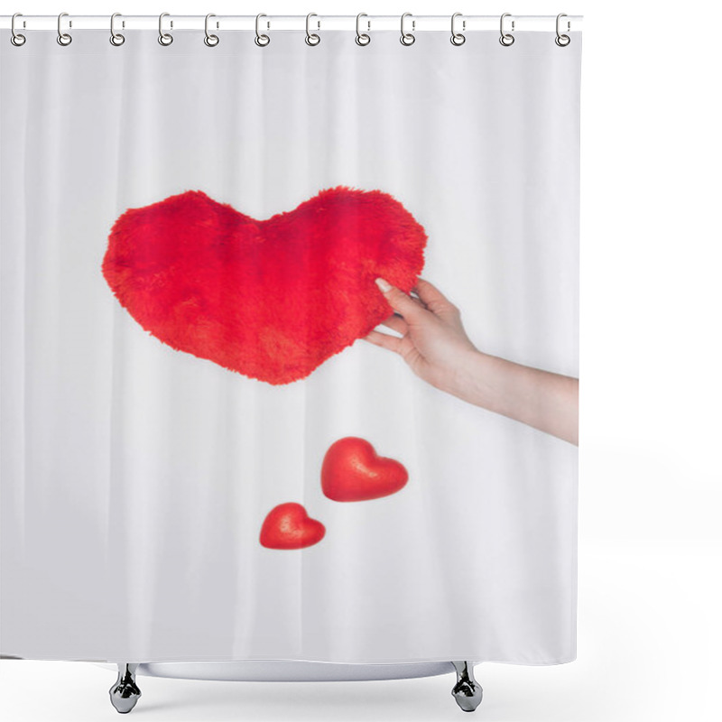 Personality  Cropped Shot Of Woman Holding Soft Red Heart Pillow Isolated On White Shower Curtains