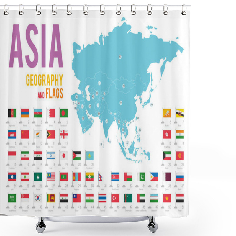 Personality  Set Of 51 Flags Of Asia Isolated On White Background And Map Of Asia With Countries Situated On It. Shower Curtains