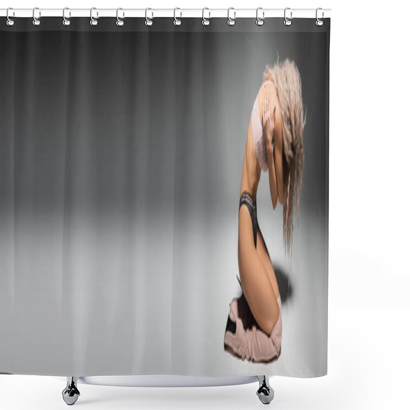 Personality  Full Length Of Sexy Woman With Slender Body Kneeling And Embracing Herself On Grey Background, Lace Underwear, High Boots, Face Obscured With Wavy Ash Blonde Hair, Banner With Copy Space, Side View Shower Curtains