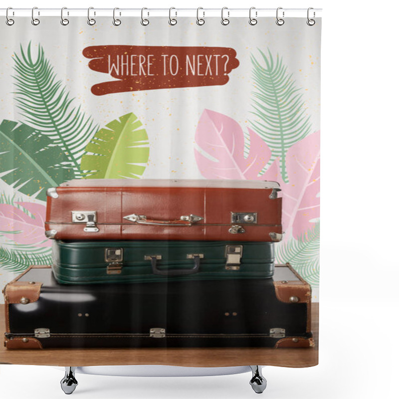 Personality  Stacked Old Leather Travel Bags With Palm Leaves Illustration Shower Curtains