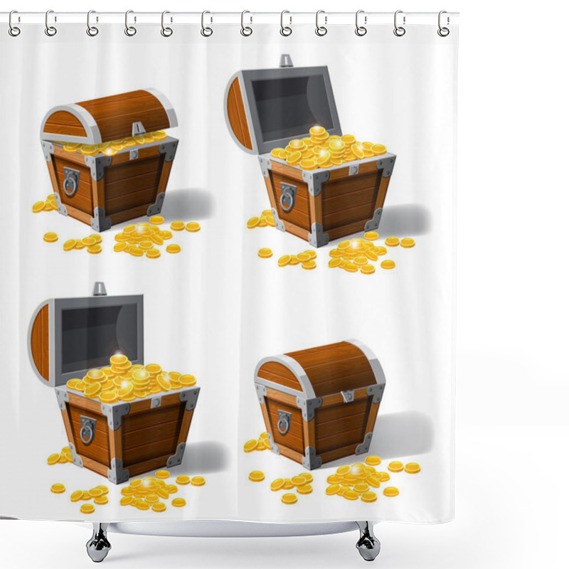 Personality  Piratic Trunk Chests With Gold Coins Treasures. . Vector Illustration. Catyoon Style, Isolated Shower Curtains