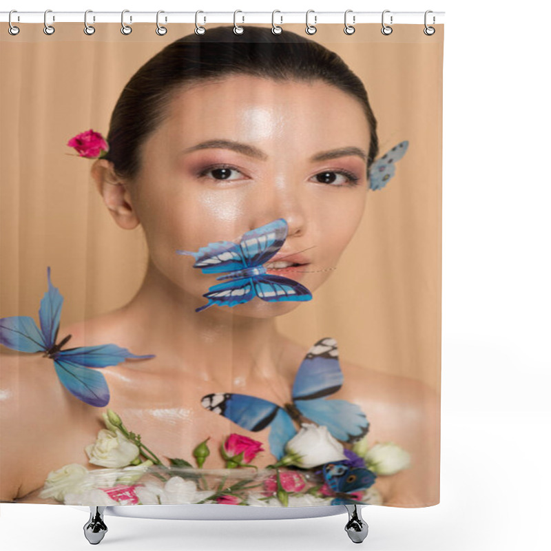 Personality  Attractive Tender Naked Asian Girl In Flowers With Butterflies On Face Isolated On Beige Shower Curtains