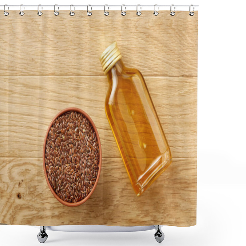 Personality  Composition Of Glass Oil Jars, Wooden Bowl And Scoop With Flax Seeds, Selective Focus Shower Curtains