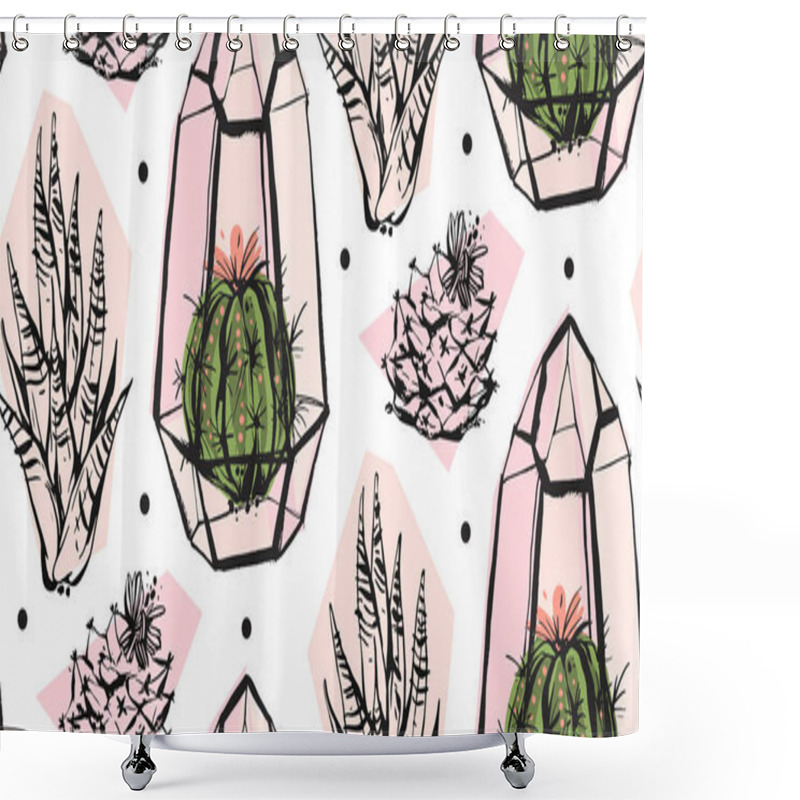 Personality  Hand Drawn Vector Abstract Seamless Pattern With Terrarium,polka Dots Texture And Cacti Plants In Pastel Colors Isolated On White Bakground.Design For Decoration,fashion,fabric,wrapping,save The Date. Shower Curtains