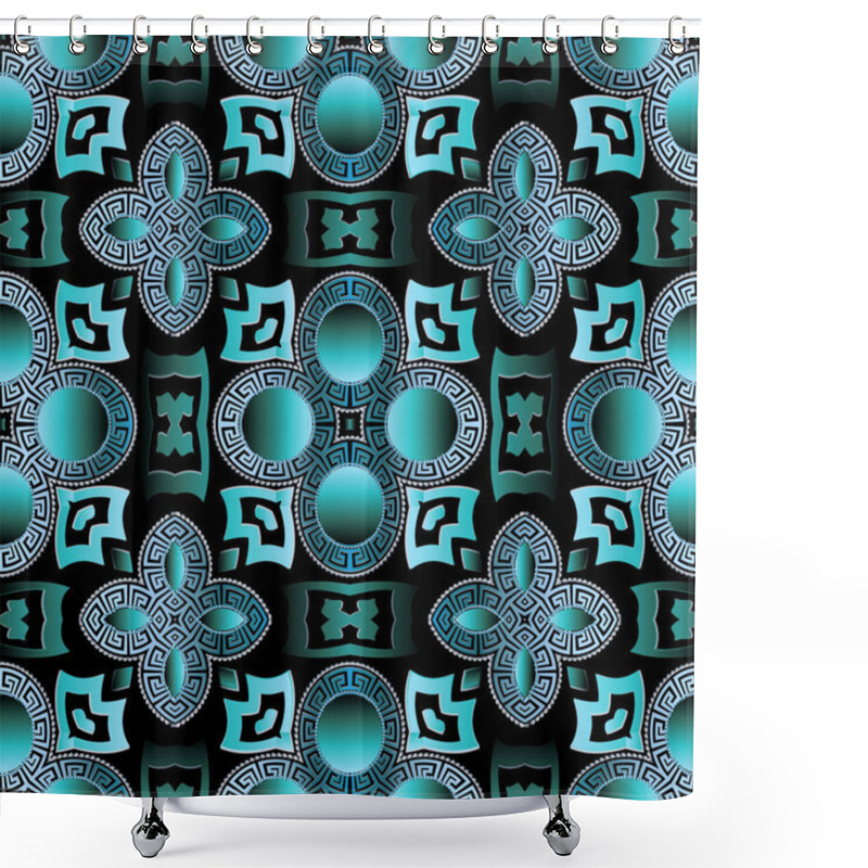 Personality  3d Ornamental Greek Vector Seamless Pattern. Modern Abstract Surface Background. Geometric Repeat Floral Backdrop. Round Greek Key Meanders Flowers, Mandalas, Shapes, Circles. Ornate Turquoise Design Shower Curtains