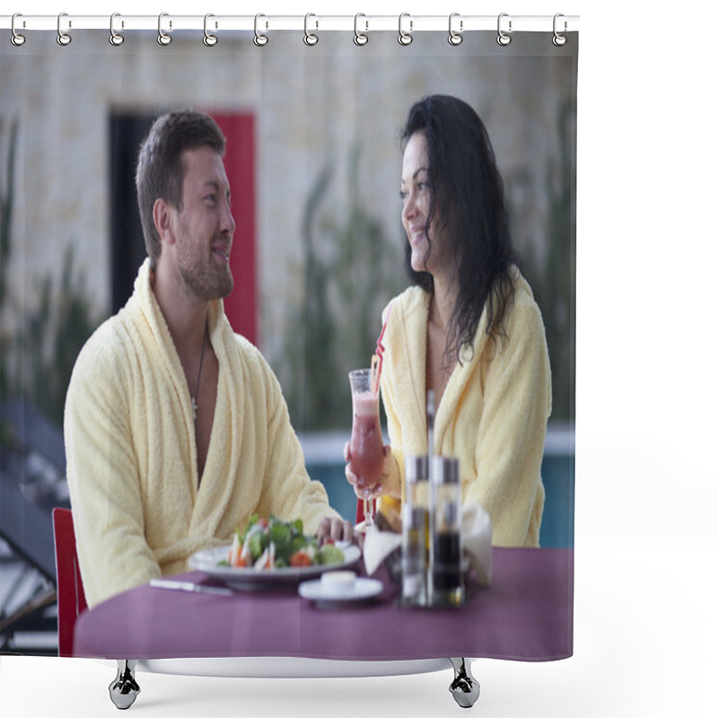 Personality  Cute Couple In Bathrobes Having Breakfast Together At Hotel Shower Curtains